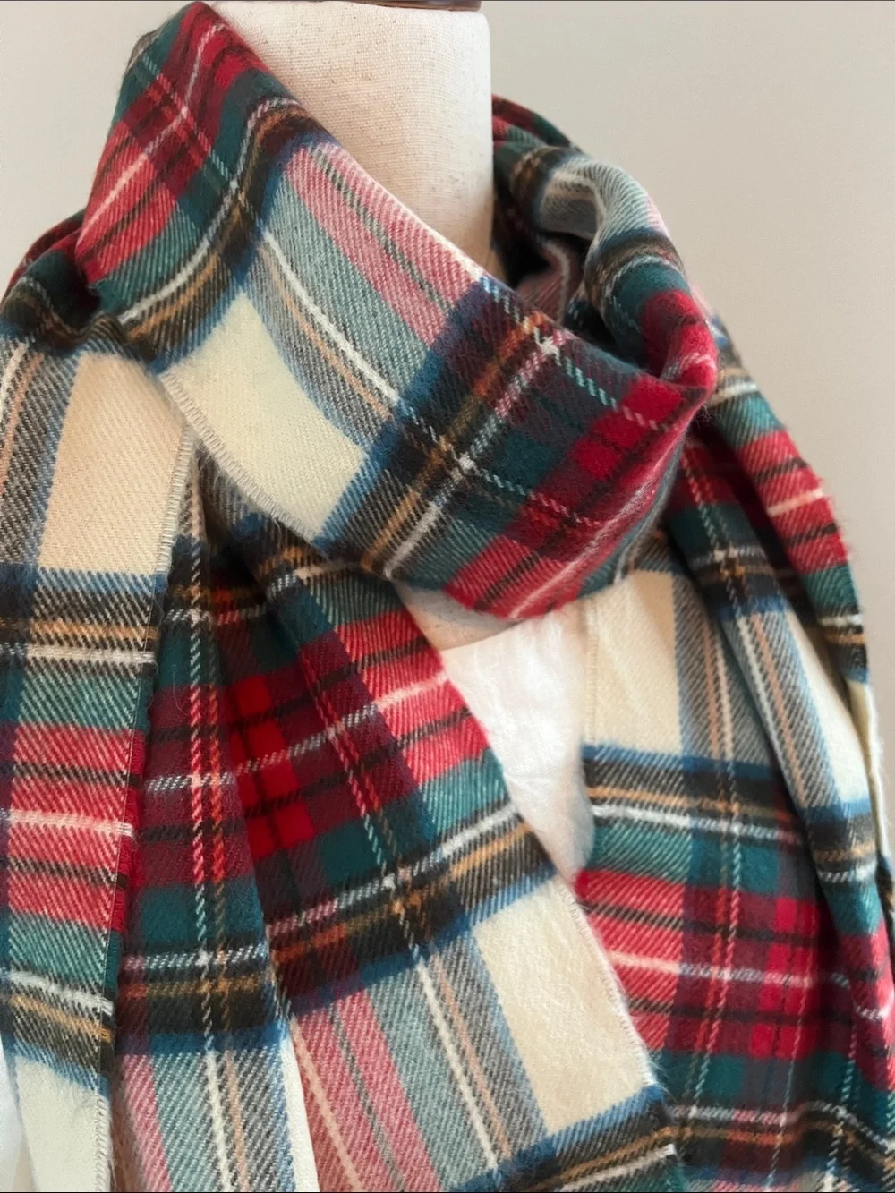 Classic Red Plaid Cream & Green Fringe Scarf Timeless Size 74” L x 12.25” W